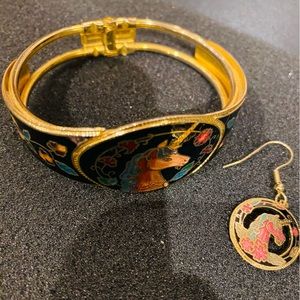 Vintage Cloisonné  Unicorn Flowers Bracelet and earring set